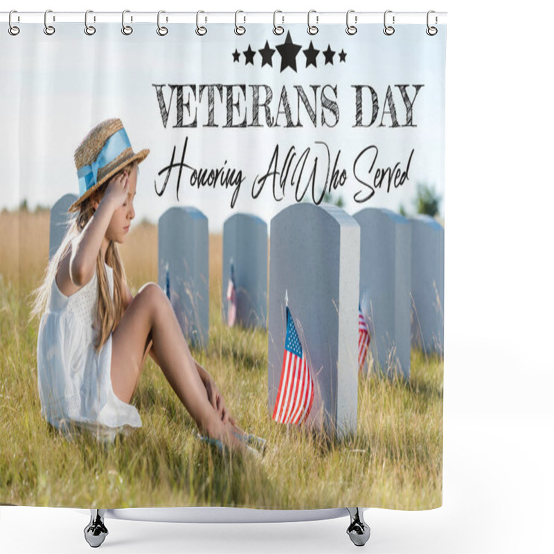 Personality  Kid In Straw Hat Giving Salute While Sitting Near Headstones With American Flags With Veterans Day, Honoring All Who Served Illustration Shower Curtains