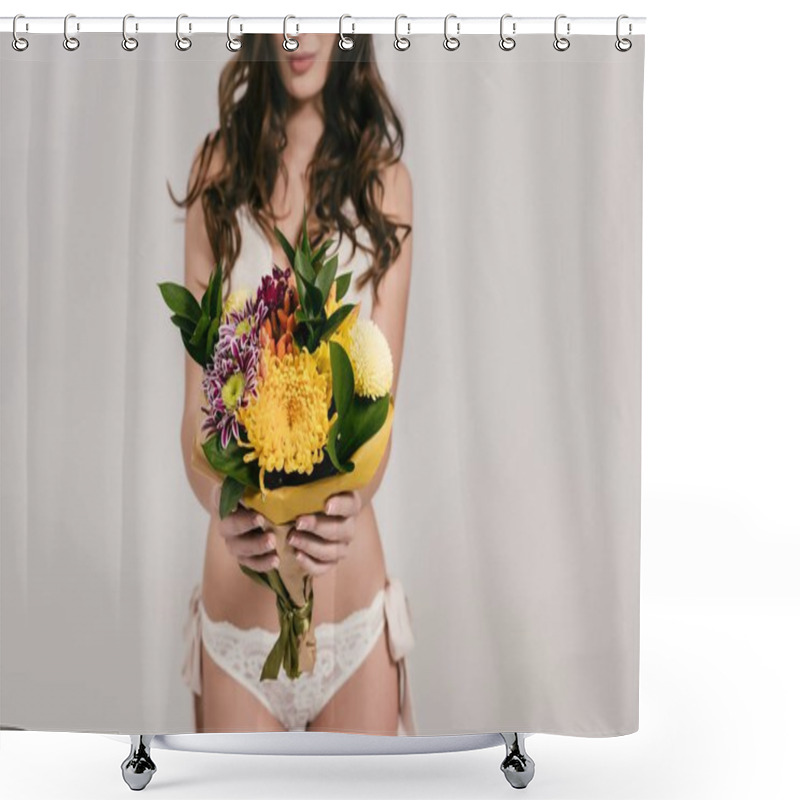 Personality  Girl In Lingerie Holding Flowers Shower Curtains