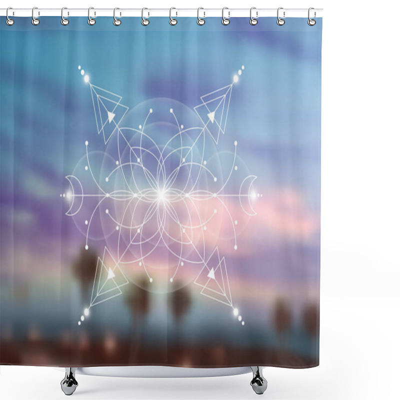 Personality  Sacred Geometry, Flower Of Life, Mystical Drawing Of Circles, Triangles, Moon, Scheme Of Energy. Glowing Symbols Of Alchemy, Magic, Esoteric, Occultism. Vector Isolated On Blue Nature Background Shower Curtains