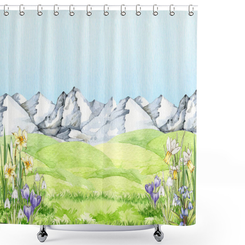 Personality  Spring Time Landscape Background. Green Grass, Blooming Flowers , Mountain Range Hand Drawn Watercolor Illustration. Background For Easter Decor, Seasonal Cards And Nature Countryside Designs. Shower Curtains