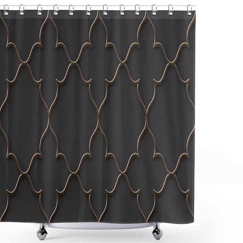 Personality  3D Illustration. Golden Geometric Ornament On A Black Embossed Background. Render. 3d Wall Texture. Abstract Background. Gold Lattice. Festive Background. Geometric Gold Ornament. Eastern Ornament.  Shower Curtains