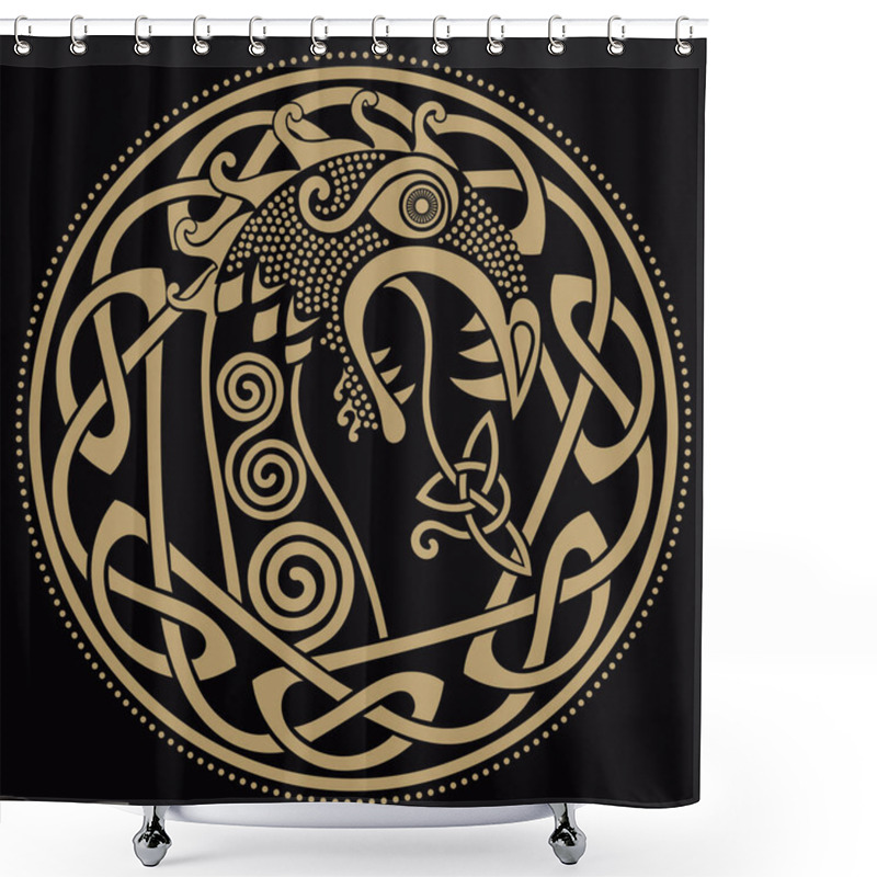 Personality  Scandinavian Design. The Nasal Figure Of The Viking Ship Drakkar In The Form Of A Dragon, And The Scandinavian Twisted Pattern Shower Curtains