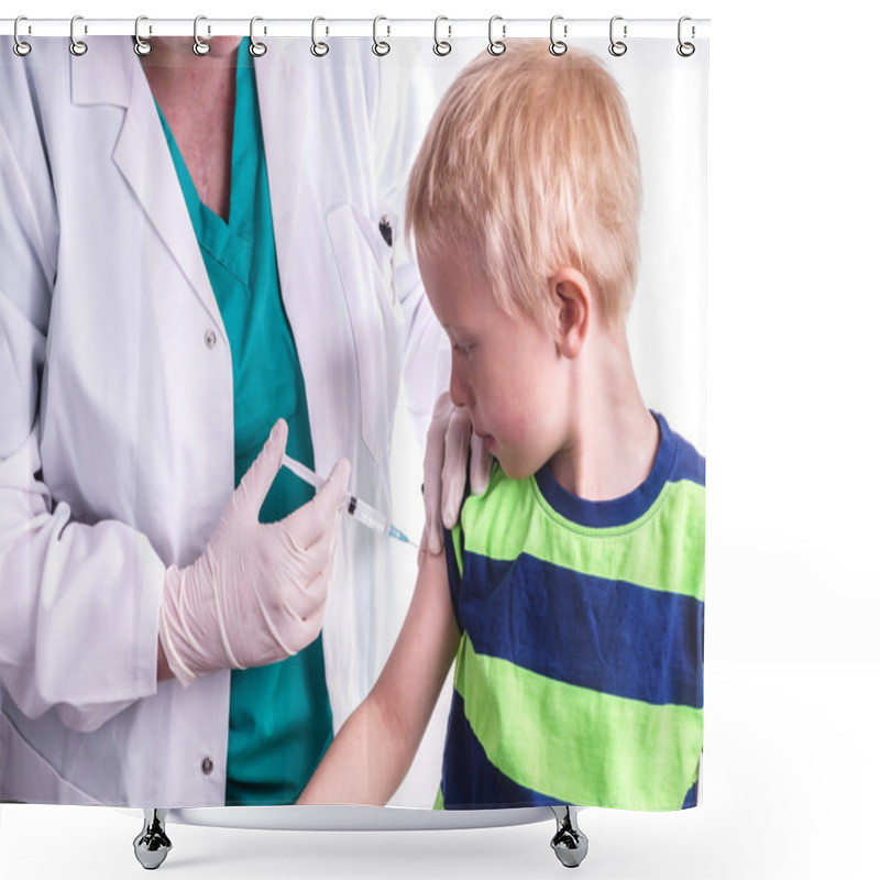 Personality  Little Boy Is Given An Injection By The Family Doctor Shower Curtains