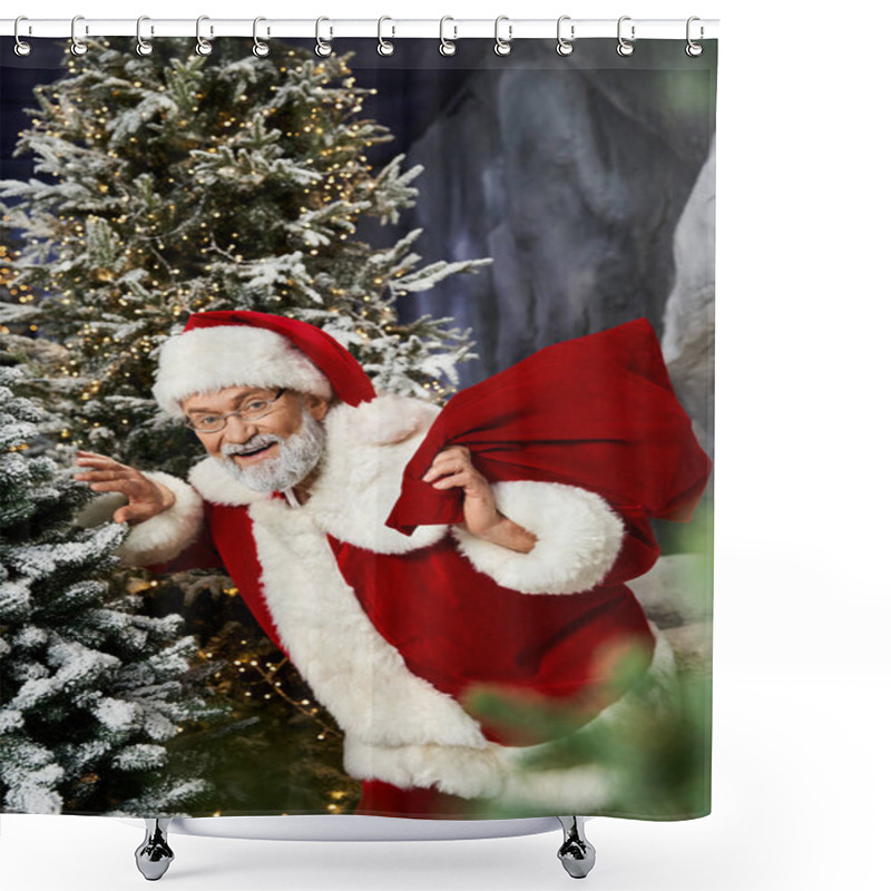 Personality  A Cheerful Figure In Red And White Spreads Joy With A Bag In A Winter Setting. Shower Curtains