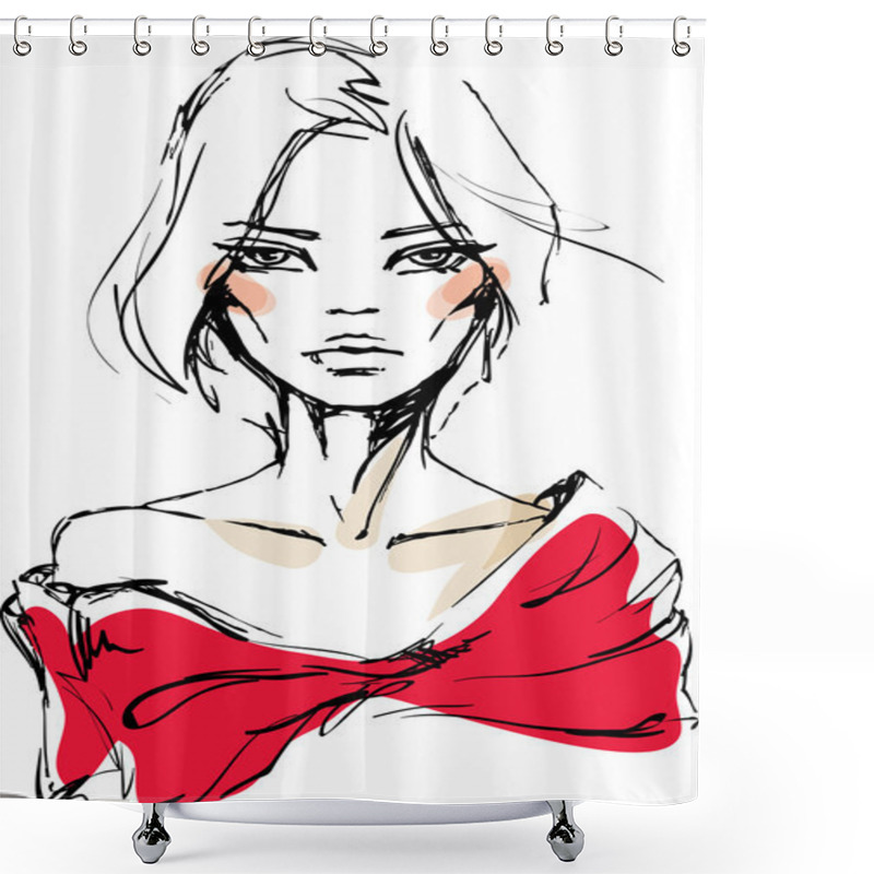 Personality  Woman In Red Dress With A Bow Shower Curtains