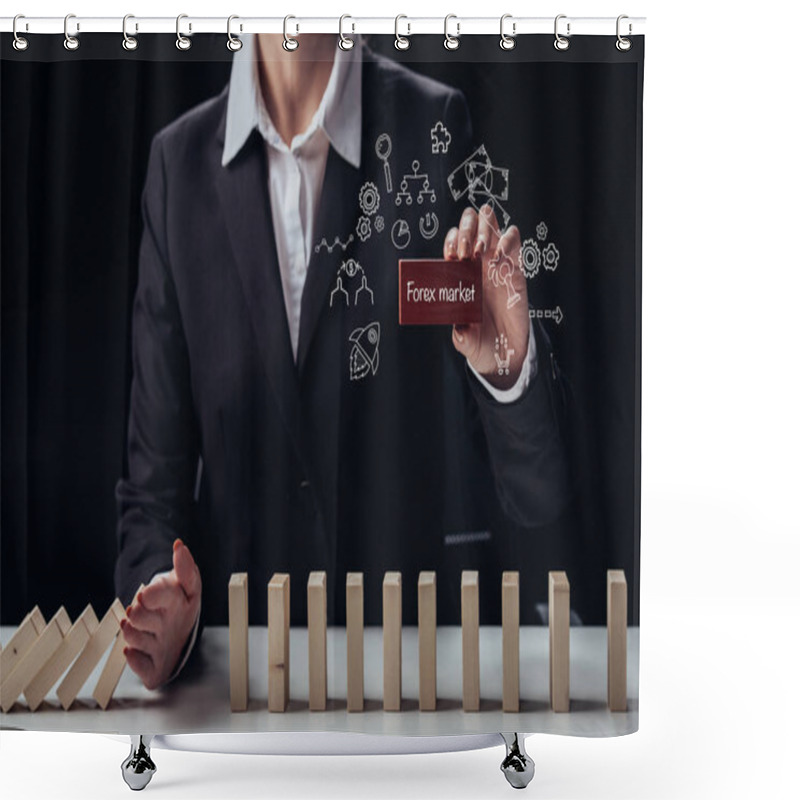 Personality  Cropped View Of Businesswoman Holding Red Brick With Words 'forex Market' While Preventing Wooden Blocks From Falling, Icons On Foreground Shower Curtains