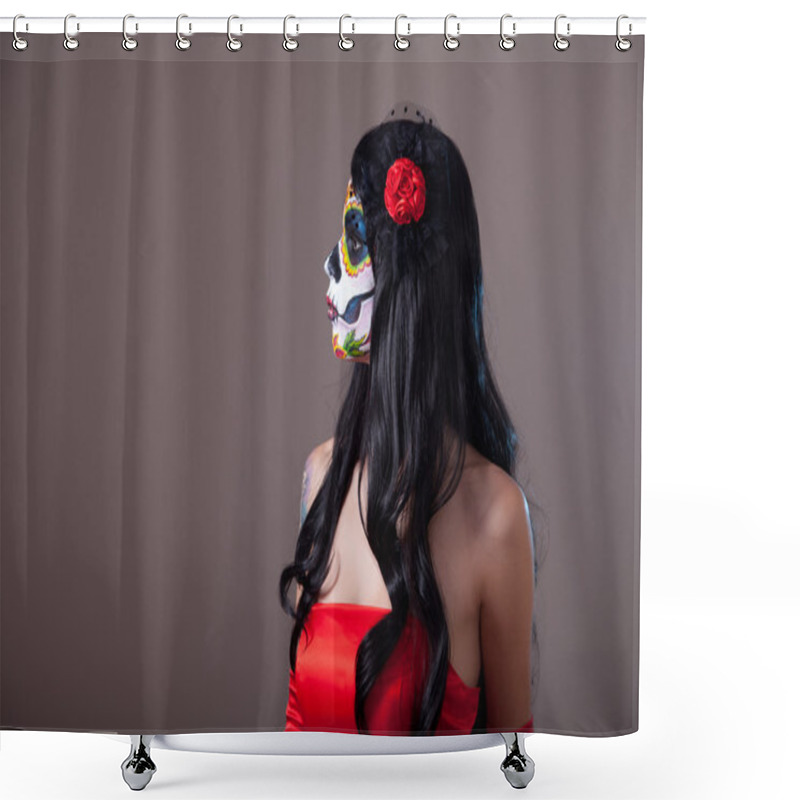 Personality  Profile View Of Sugar Skull Girl In Red Dress Shower Curtains