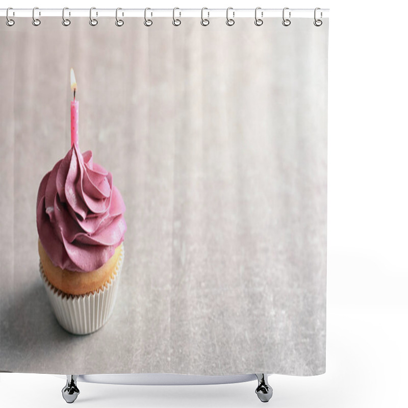 Personality  Delicious Birthday Cupcake With Burning Candle On Table Shower Curtains