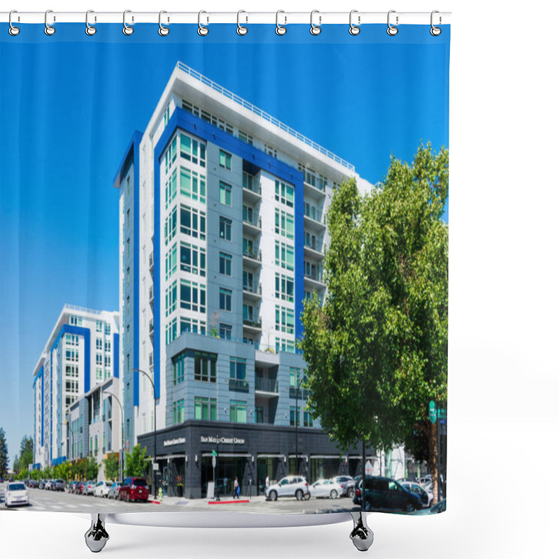 Personality  High Rise Residential Towers Of Indigo Apartment Homes Under Blue Sky. San Mateo Credit Union Branch On The First Floor - Redwood City, California, USA - 2020 Shower Curtains