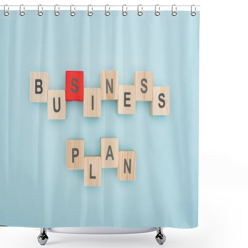 Personality  Top View Of Business Plan Lettering Arranged Of Wooden Cubes On Blue Background Shower Curtains