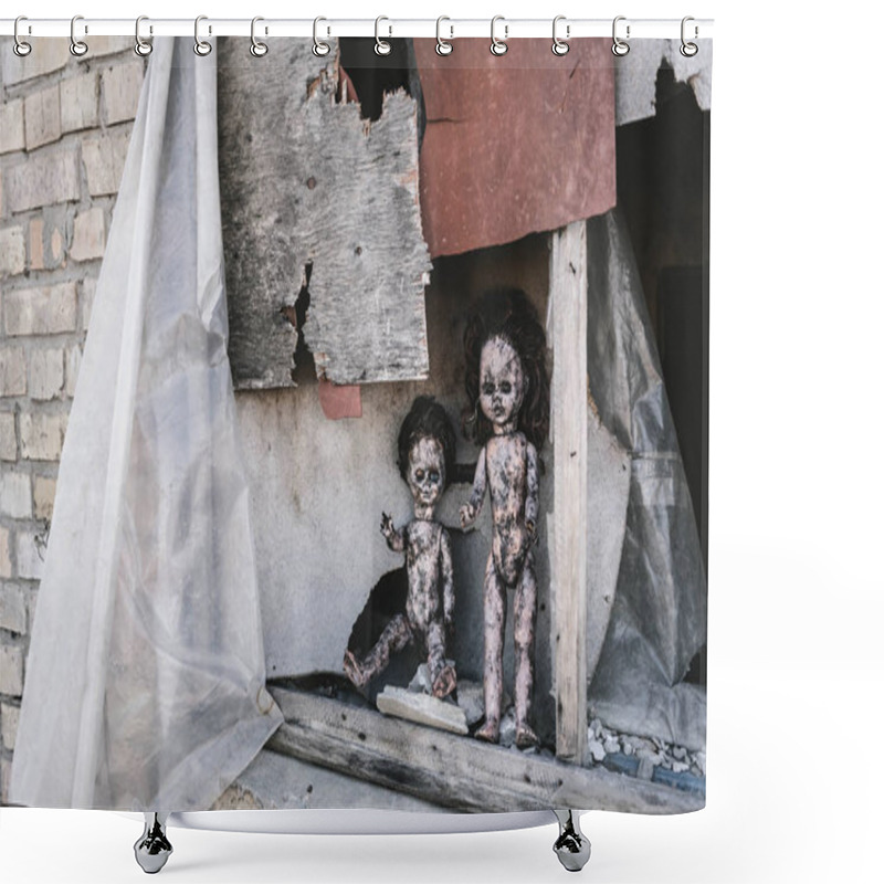 Personality  Scary And Burnt Baby Dolls Near Rusty Window, Post Apocalyptic Concept Shower Curtains