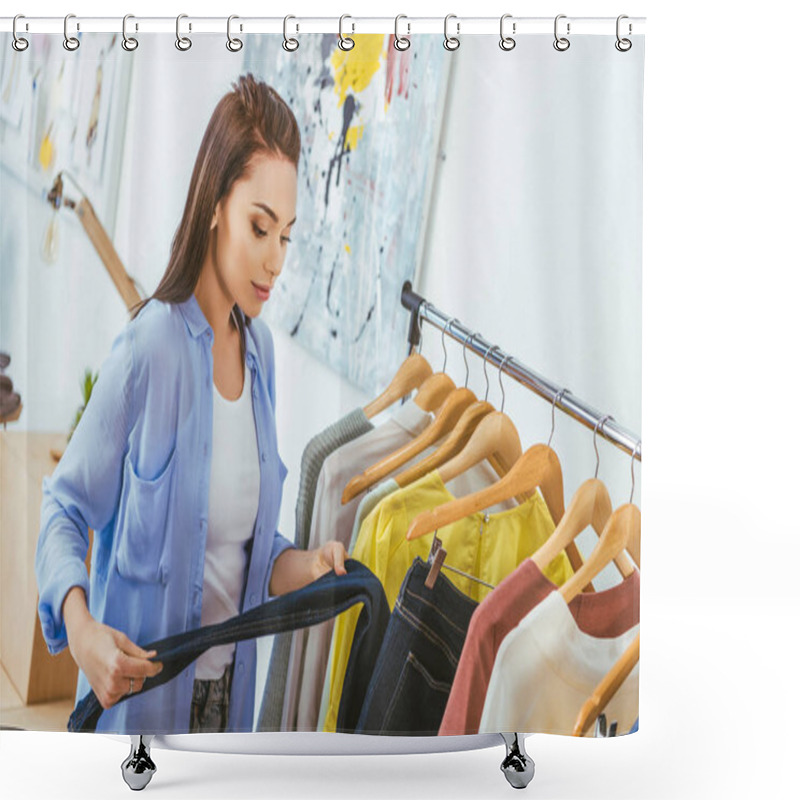 Personality  Beautiful Designer Looking At Trousers On Hangers   Shower Curtains