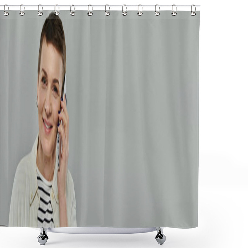 Personality  A Woman With Short Hair Smiles While Talking On Her Phone. Shower Curtains