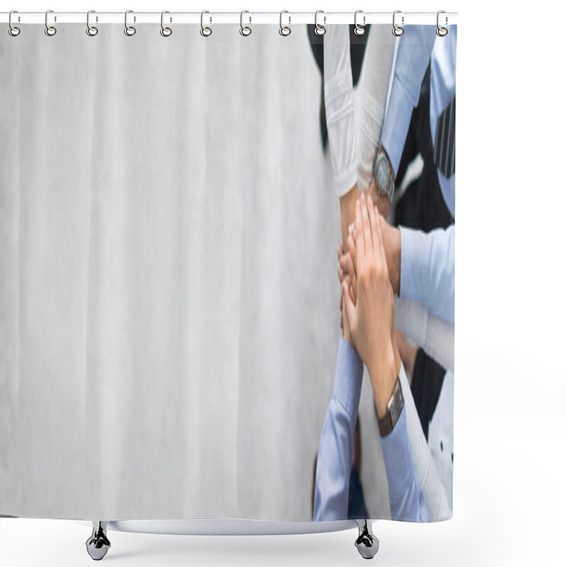 Personality  Close Up Top View Of Young Business People Putting Their Hands Together. Stack Of Hands. Unity And Teamwork Concept. Shower Curtains