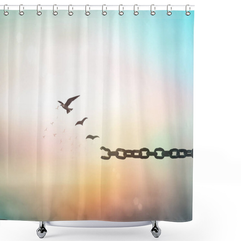 Personality  New Life Concept: Bird Flying And Broken Chains Over Blurred Nature Sunrise Background Shower Curtains