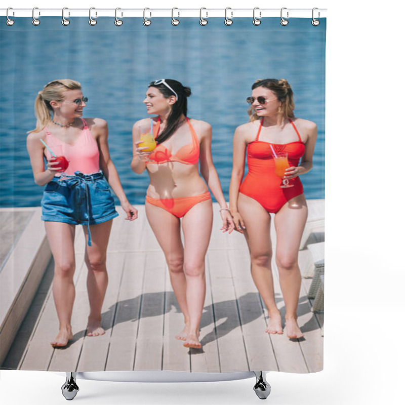 Personality  Smiling Girls In Swimwear Holding Glasses With Cocktails While Walking On Beach Shower Curtains