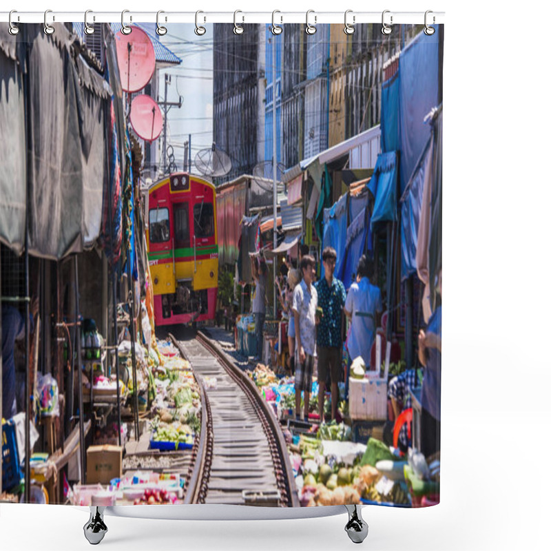 Personality  Samut Songkhram, Thailand-SEP 12,2017: The Famous Railway Market Or Folding Umbrella Market At Maeklong, Thailand, One Of Famous Market Landmark In Thailand. Shower Curtains