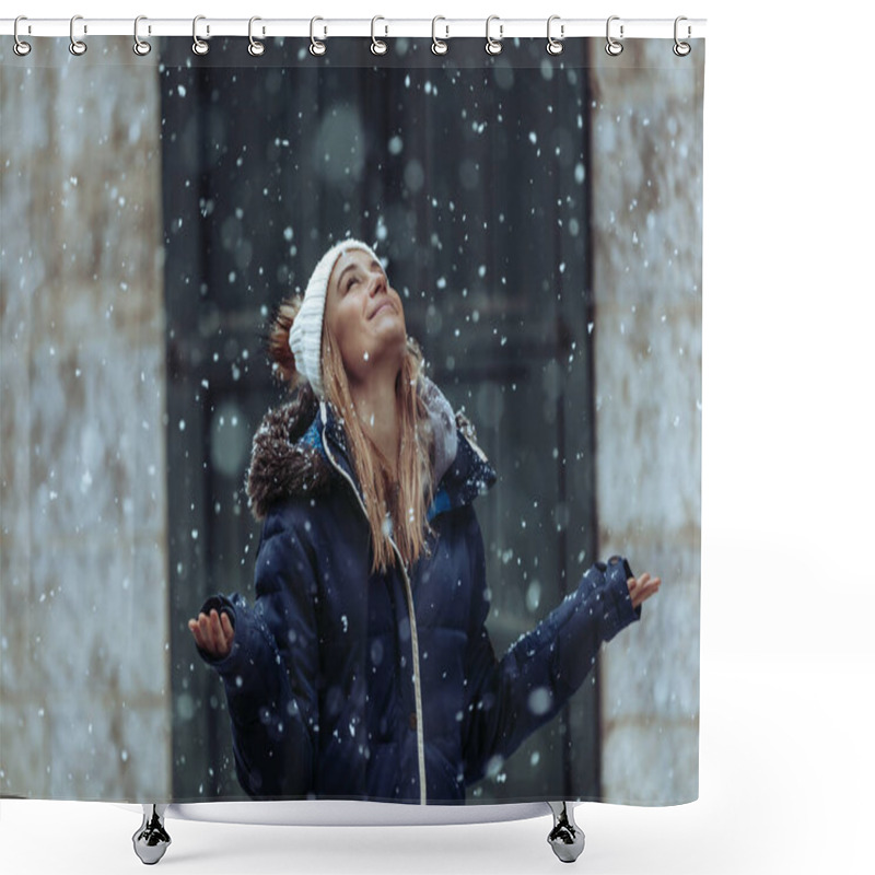 Personality  Snowfall. Happy Weekend On A Winter Holidays. Young Woman Having Fun. Snow In The City. Shower Curtains