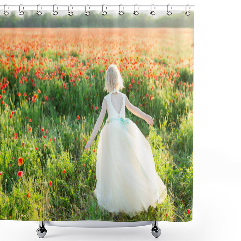 Personality  Girl Model, Poppies, Fashion, Summer Nature Concept - The Girl With White Hair Running Away To A Sunny Field Of Poppies, Her White Wedding Dress With Back Cutout In The Shape Of A Heart. Shower Curtains