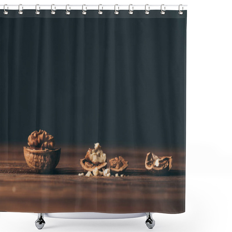 Personality  Cracked Walnuts As Dementia Symbol On Wooden Table On Black Background  Shower Curtains