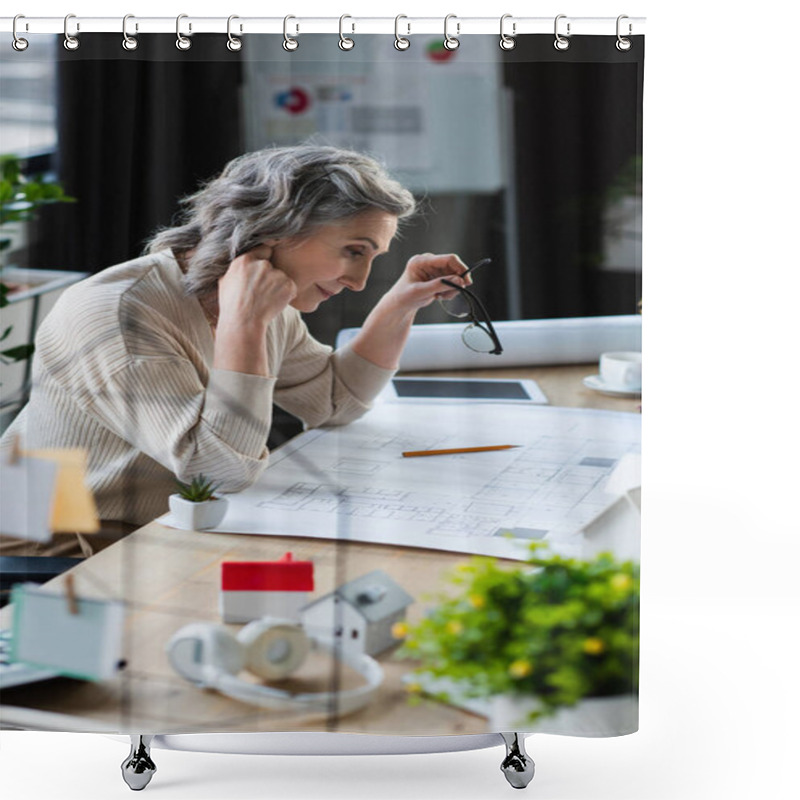 Personality  Side View Of Mature Businesswoman Working With Blueprint Near Models Of Houses In Office  Shower Curtains