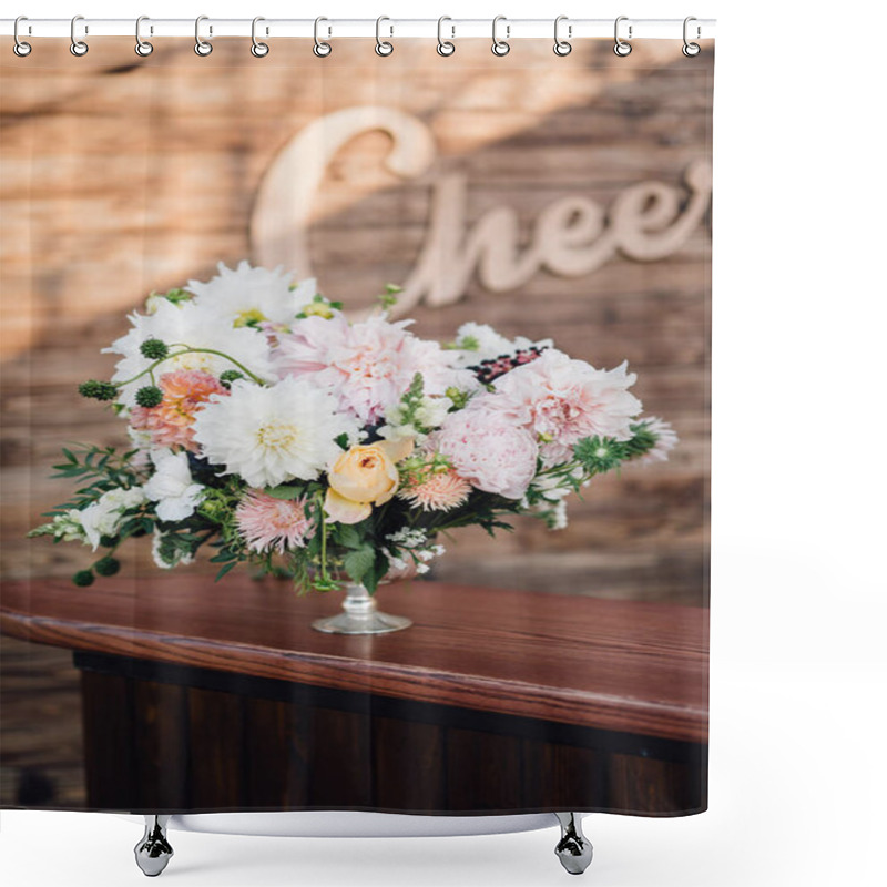 Personality  Rich Wedding Bouquet Made Of Chrysanthemums Standing On Table Shower Curtains