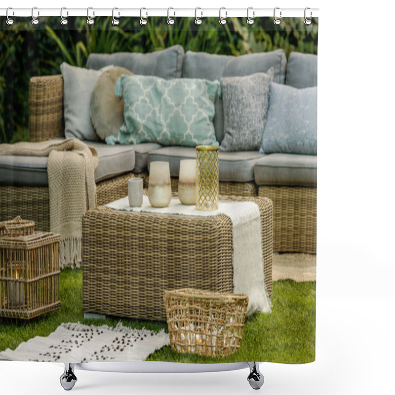 Personality  Lanterns, Candles And Vases On Wicker Coffee Table In Front Of Garden Sofa Shower Curtains