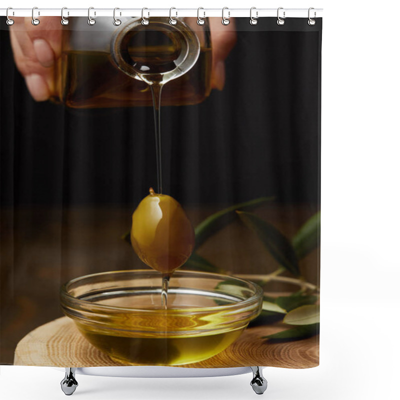 Personality  Cropped Shot Of Woman Pouring Olive Oil Into Bowl On Wooden Board Shower Curtains