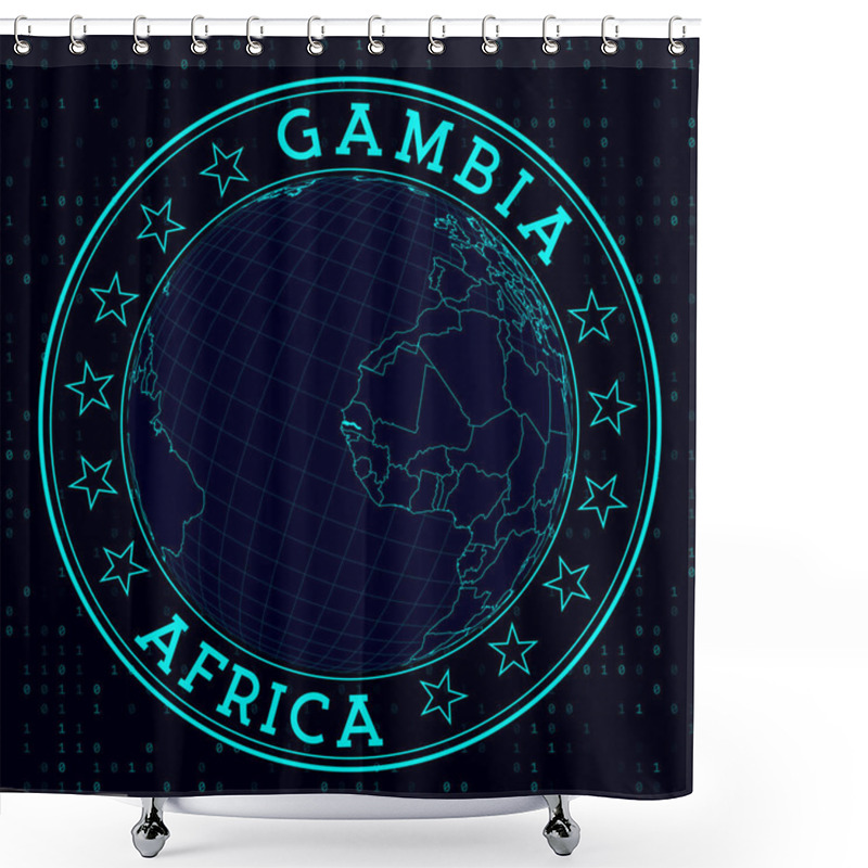 Personality  Gambia Round Sign. Futuristic Satelite View Of The World Centered To Gambia. Country Badge With Map, Round Text And Binary Background. Powerful Vector Illustration. Shower Curtains