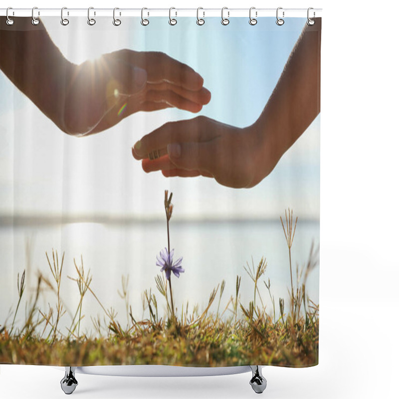 Personality  Couple Holding Hands Over Blooming Flower Outdoors, Closeup. Nature Healing Power Shower Curtains