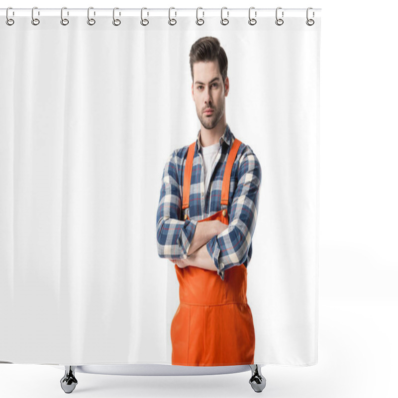 Personality  Workman In Orange Overall Standing With Folded Arms Isolated On White Shower Curtains