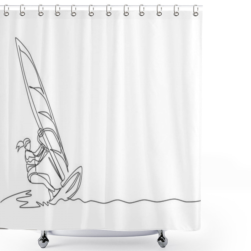 Personality  Single Continuous Line Drawing Of Young Sporty Surfer Woman Play Windsurfing In The Sea. Extreme Dangerous Sea Sport Concept. Summer Holiday Vacation. Trendy One Line Draw Design Vector Illustration Shower Curtains