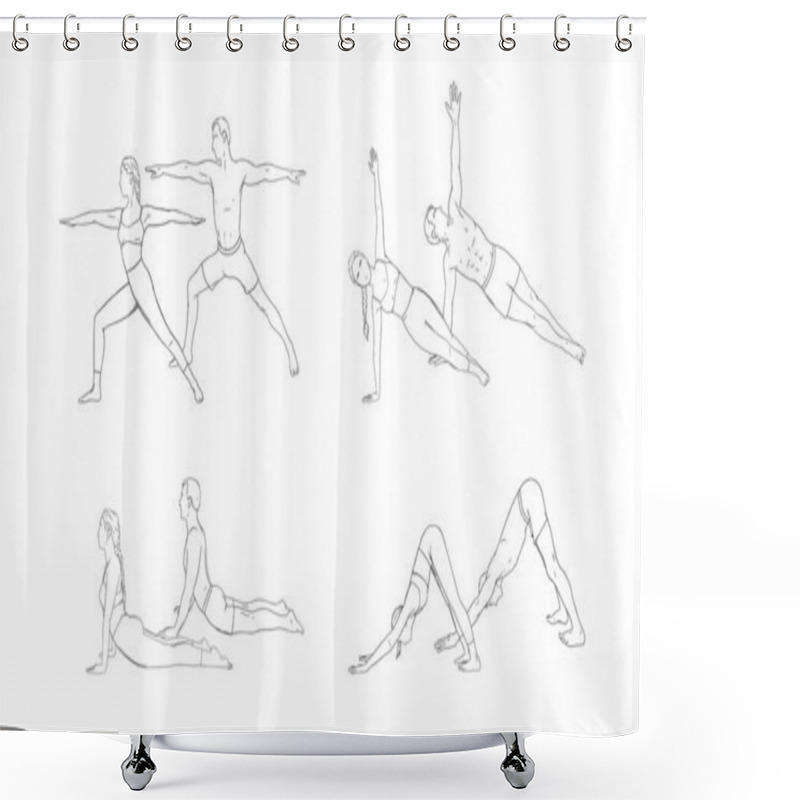 Personality  Yoga Warrior, Dog, Cobra And Side Plank. Woman And Man Practicing Strengthing Yoga Poses. Hand Drawn Vector Illustration Shower Curtains