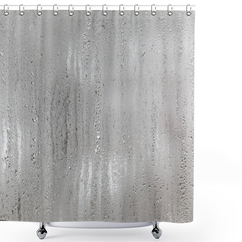 Personality  Natural Drops Of Water Flow Down The Glass, High Humidity In The Room, Condensation On The Glass Window. Neutral Colors. Excellent Background With Condensation Drops Texture. Horizontal Orientation Of The Photo Shower Curtains