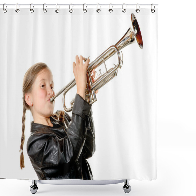 Personality  A Pretty Little Girl With A Black Jacket Plays The Trumpet Shower Curtains