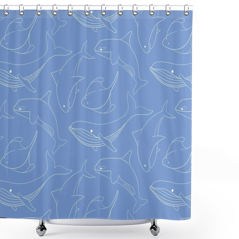 Personality  Seamless Pattern With Undersea Animal Whale, Shark, Orcas And Stingray On A Blue Background In Line Art Style. Ideal For Ocean Themed Project, Fabric, Wallpaper And Stationery. Shower Curtains