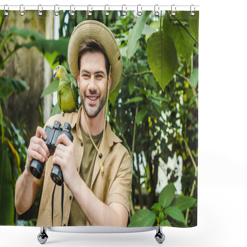 Personality  Happy Young Man With Parrot On Shoulder And Binoculars Looking At Camera Shower Curtains