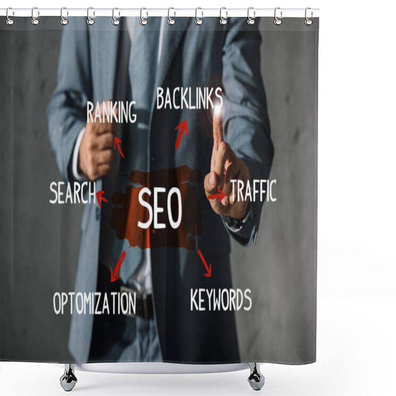 Personality  Cropped View Of Developer In Formal Wear Pointing At SEO Ideas And Plan Shower Curtains