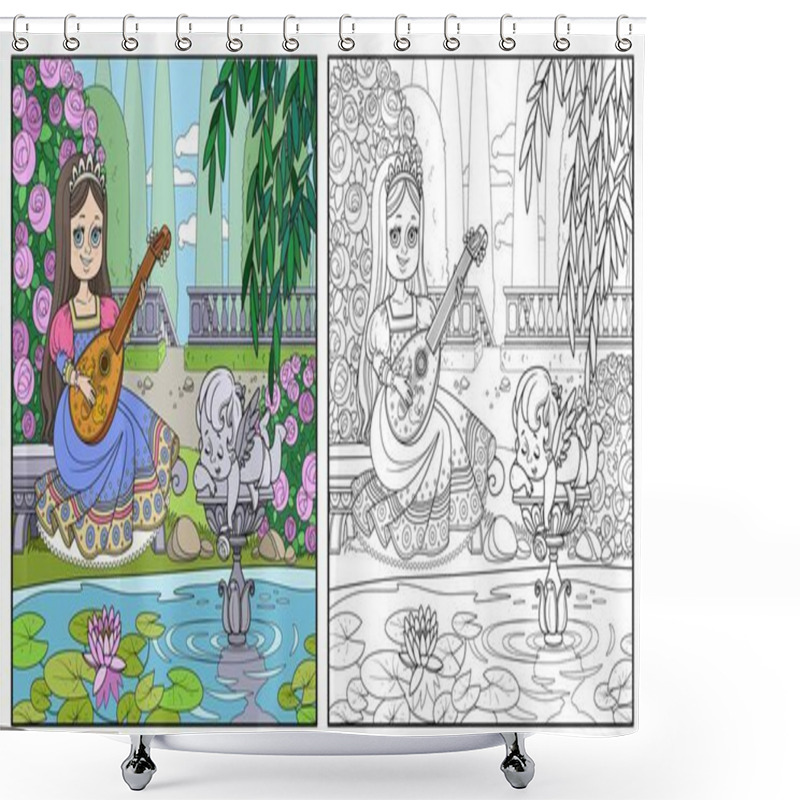 Personality  Beautiful Princess Plays The Lute In The Palace Park Near The Pond With A Sculpture Of Cupid Color And Outlined Picture For Coloring Book On White Background Shower Curtains