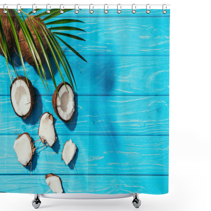 Personality  Top View Of Coconuts And Green Palm Leaves On Turquoise Wooden Surface Shower Curtains