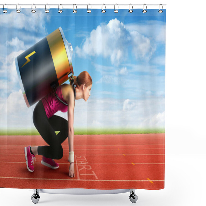 Personality  Woman Preparing To Run With A Battery On Her Back Shower Curtains