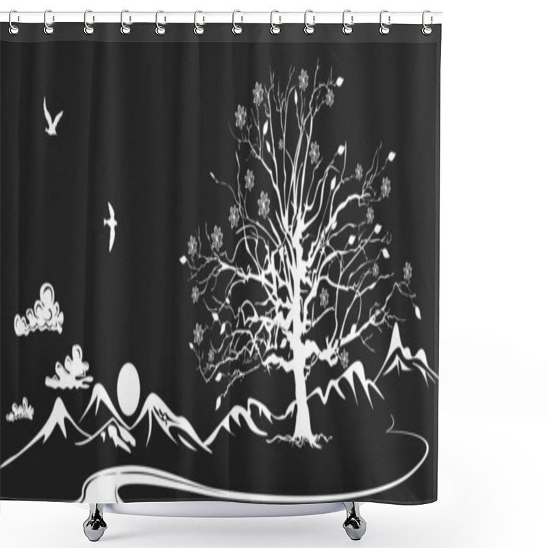 Personality  Black-and-white Silhouettes Of The Mountain Landscape. A Lone Tree, Mountains, Clouds And A Road Shower Curtains