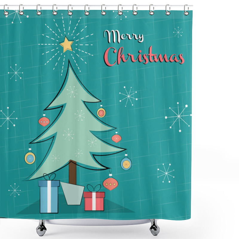 Personality  Merry Christmas Card Of Retro Pine Tree With Gifts Shower Curtains