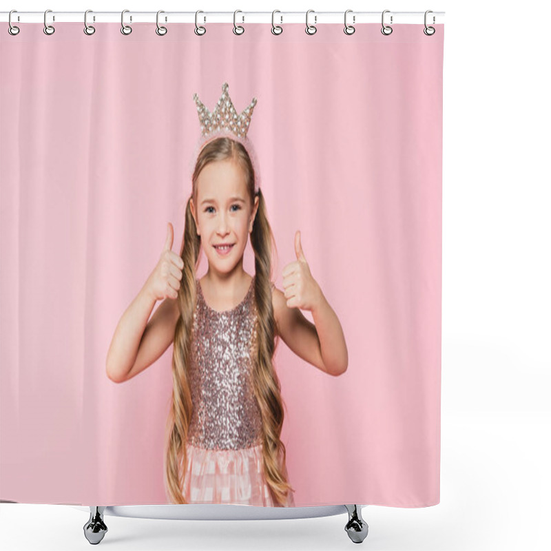 Personality  Cheerful Little Girl In Dress And Crown Showing Thumbs Up Isolated On Pink  Shower Curtains