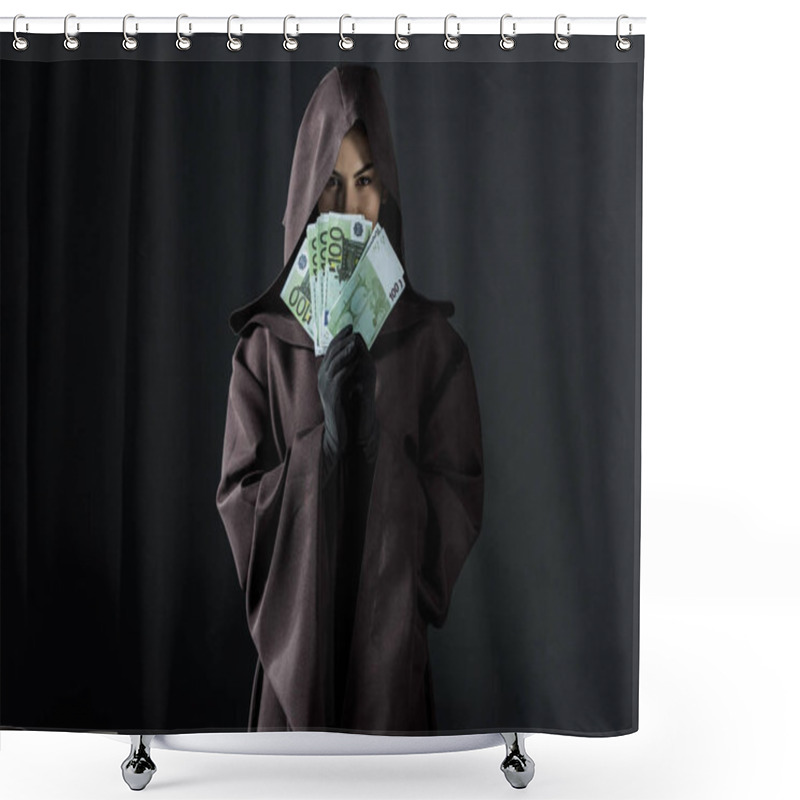 Personality  Front View Of Woman In Death Costume Holding Euro Banknotes Isolated On Black Shower Curtains