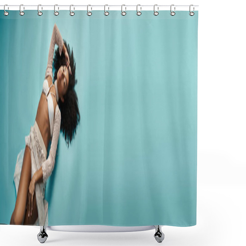 Personality  African American Woman In Trendy Swimsuit Relaxes On Blue Background. Shower Curtains