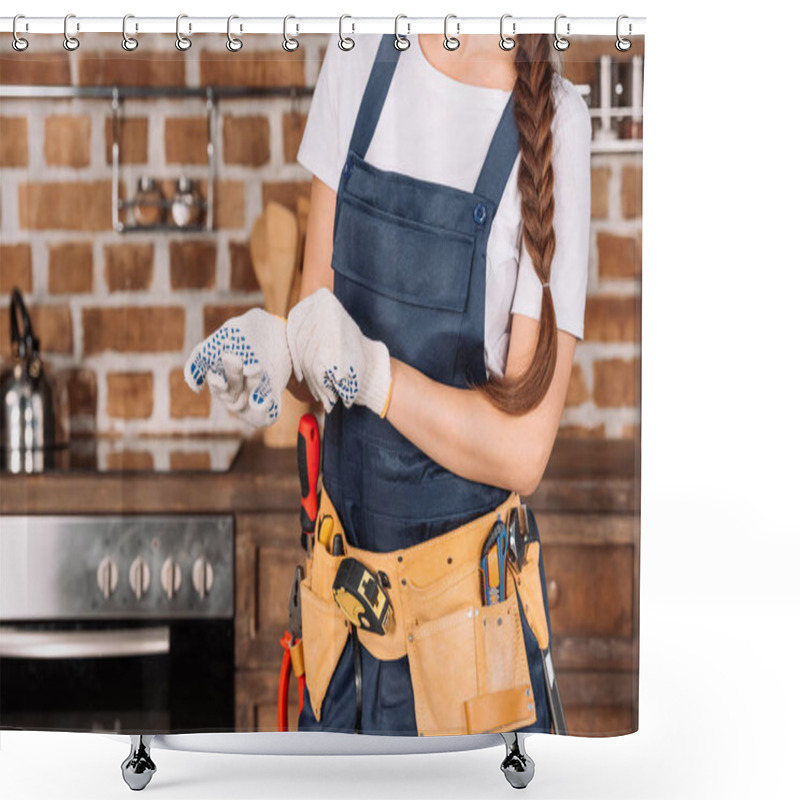 Personality  Cropped Shot Of Repairwoman Putting On Work Gloves Shower Curtains