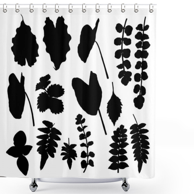 Personality  Various Tropical Jungle Leaves Set In Black. Isolated Palm Tree Branches And Herbs Leaf Or Foliage Silhouette. Vector. Shower Curtains