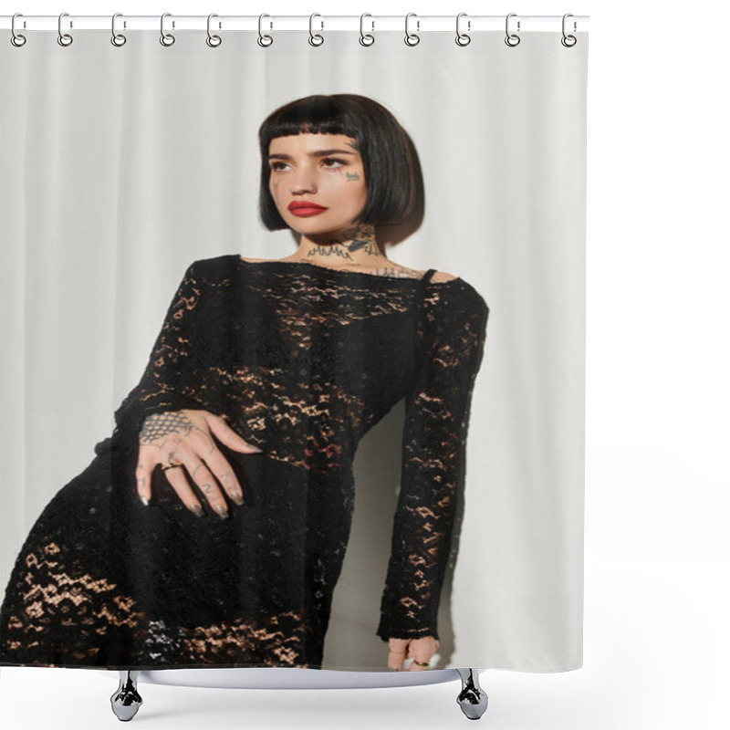 Personality  A Young Woman Confidently Poses In Fashionable Black Lace Clothing. Shower Curtains