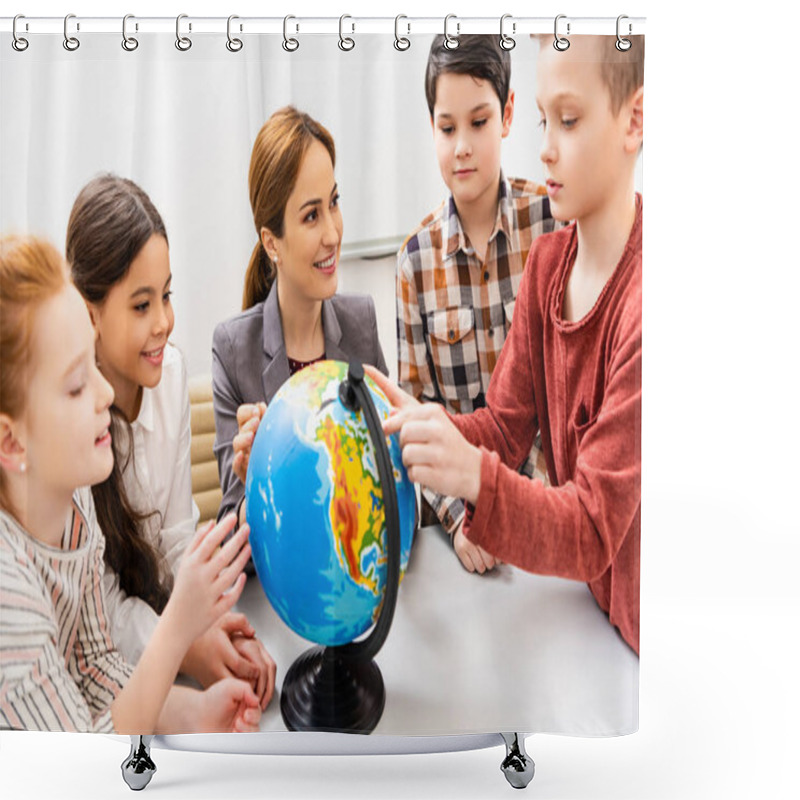 Personality  Teacher And Pupils Looking At Globe While Studying Geography In Classroom Shower Curtains